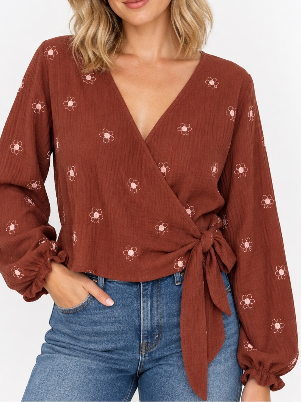 Madewell Lightspun Maira Wrap Top Large Burnished Mahogany Floral Embroidered